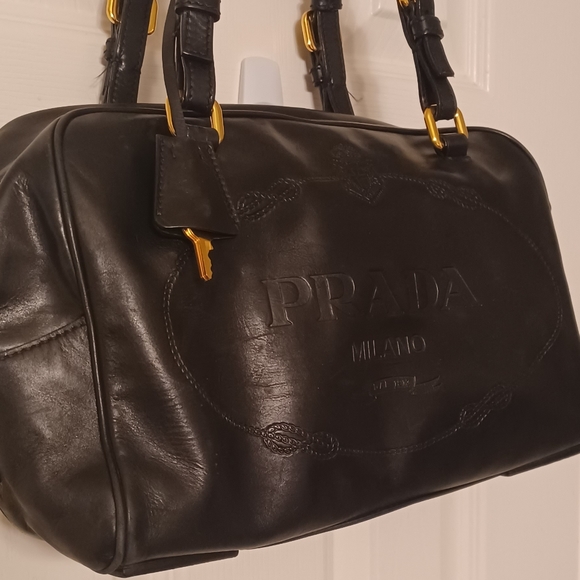Prada Handbags - PRADA NWOT BLACK LRG LOGO EMBOSSED BUTTERY LEATHER SATCHEL
